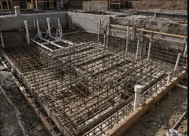 Pool construction process with rebar, plumbing, and concrete forms before installation.