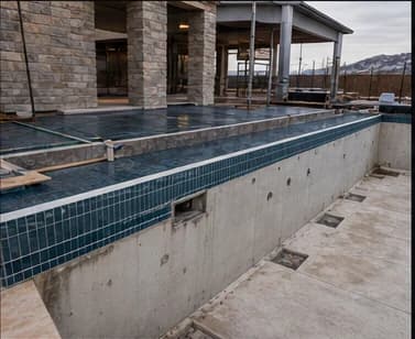 Pool remodel in progress with new tile, concrete structure, and mountain backdrop.