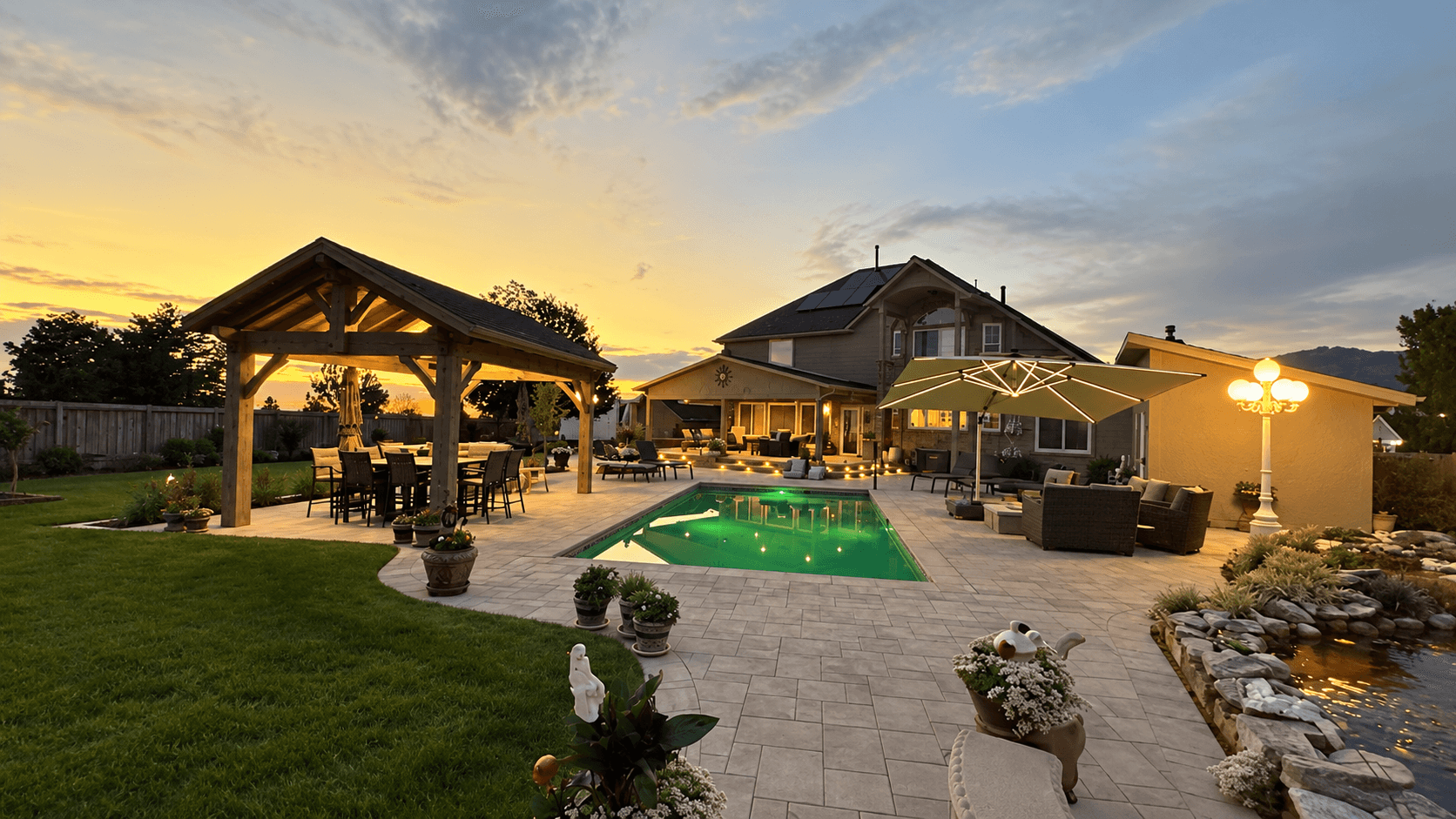 AI-enhanced view of Pat's backyard pool at sunset, with a timber pavilion and illuminated patio.
